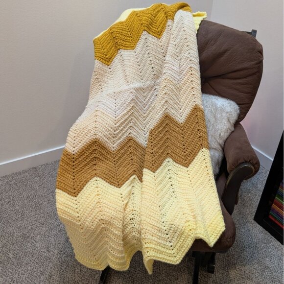 Handmade Crochet Chevron Afghan Fall Gold Yellow Throw Wheelchair Blanket 50x62" - Picture 1 of 4